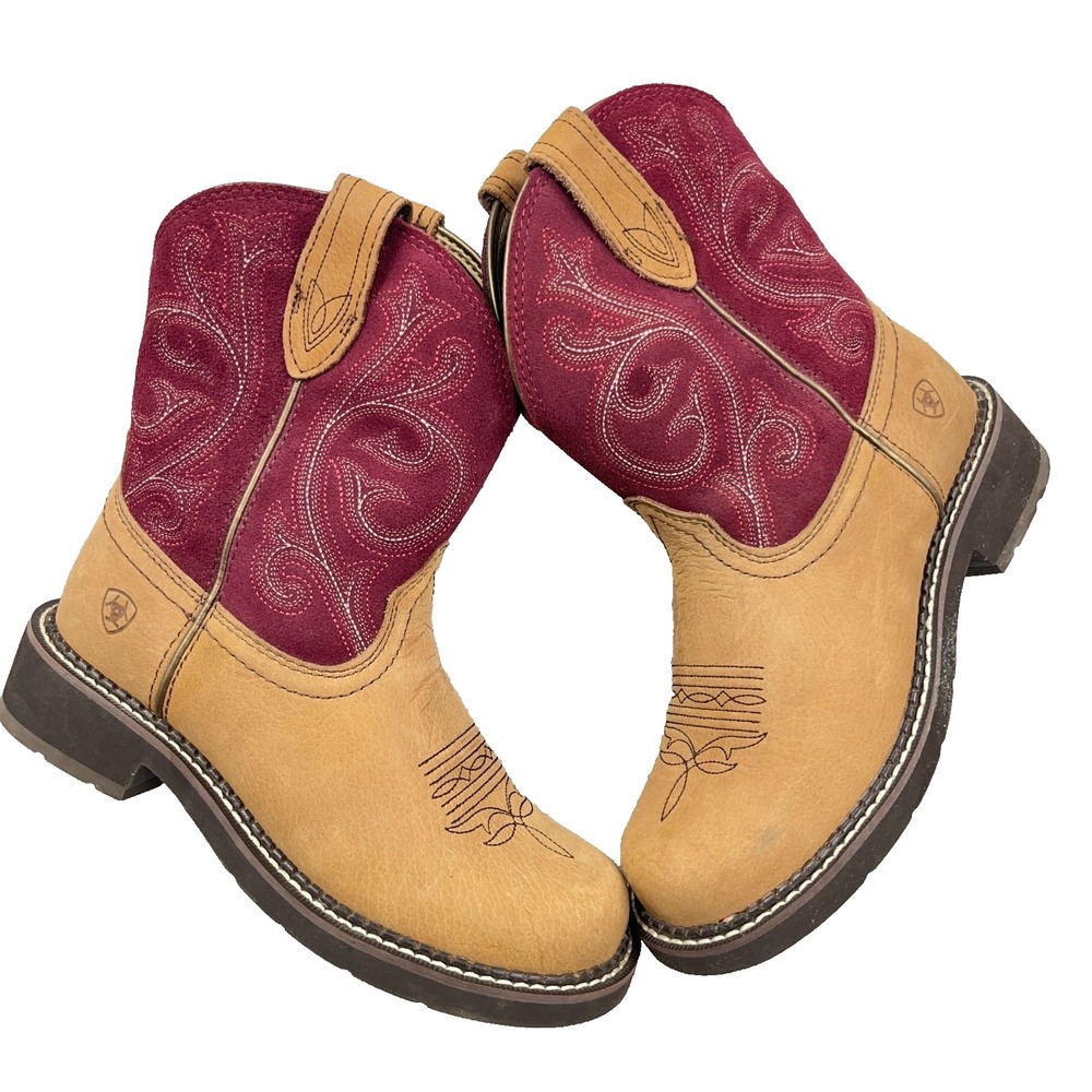 Ariat Boots Fatbaby Heritage Women 7.5 B 10026116 Burgundy Tan Western Cowgirl